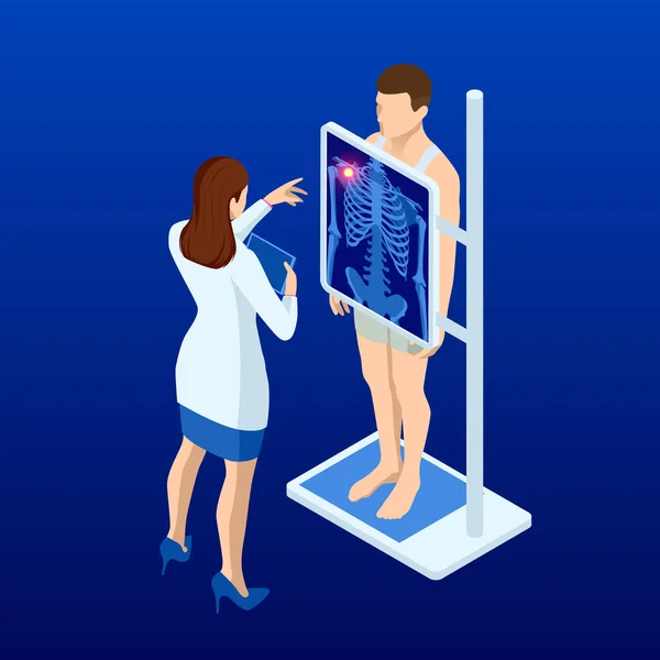 Appareil de radiographie ionique pour scanner le corps humain. Docteur vérifiant l'examen de la radiographie pulmonaire du patient. Roentgen de l'os thoracique. Examen médical pour la chirurgie . — Image vectorielle