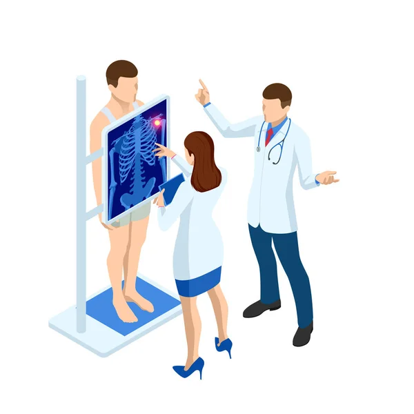 Máquina de rayos X isométrica para escanear el cuerpo humano. Doctor revisando la radiografía de tórax del paciente. Roentgen de hueso torácico. Examen médico para cirugía . — Vector de stock