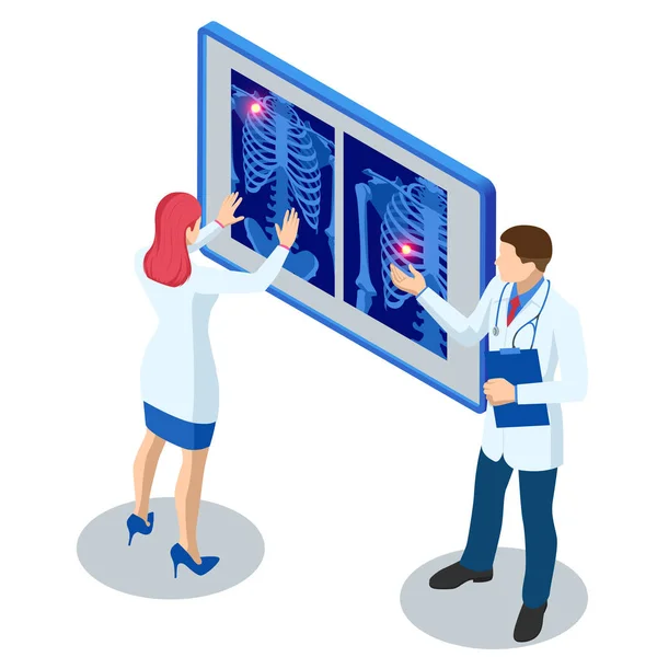 Isometric X-ray machine for scanning human body. Doctor checking examining chest x-ray film of patient. Roentgen of chest bone. Medical examination for surgery. — Stock Vector