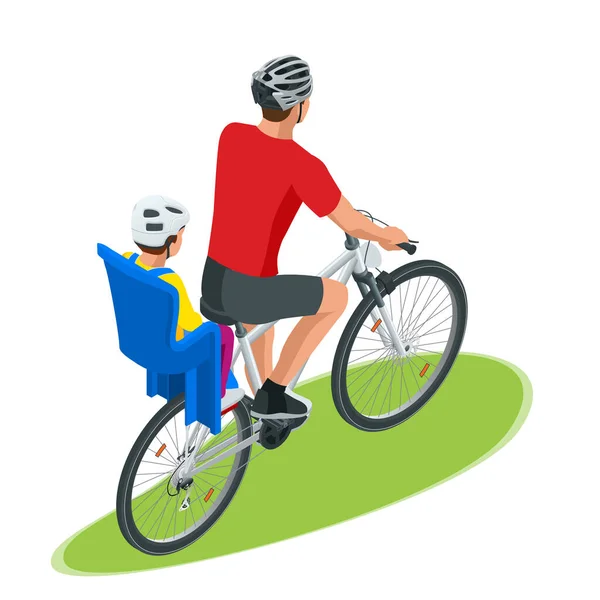 Isometrische familie fietsen. Jonge vader veiligheidshelm met peuter vastgebonden kinderzitje zijn fiets. Fiets met plastic kinderzitje. — Stockvector