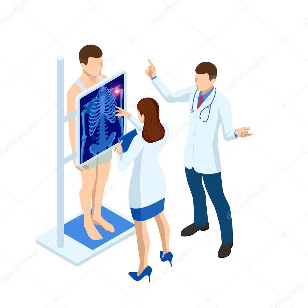 Isometric X-ray machine for scanning human body. Doctor checking examining chest x-ray film of patient. Roentgen of chest bone. Medical examination for surgery.
