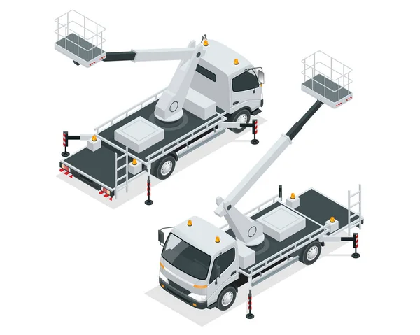 Isometric Yellow Engine Powered Scissor Lift isolated on white background. Vector illustration in a flat style. Modern Truck-mounted. — Stock Vector