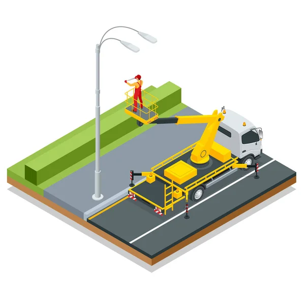 Isometric Yellow Engine Powered Scissor Lift. Worker with the help of an automobile tower change repairing a street pole. — Stock Vector