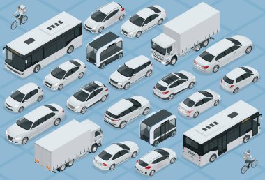 Düz 3D izometrik yüksek kalite şehir taşıma aracı ikonu seti. Otobüs, bisiklet kuryesi, Sedan, minibüs, kargo kamyonu, off-road, bisiklet, mini ve spor arabalar. Şehir halkı ve nakliye vehihle