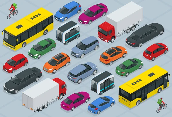 Flat 3d isometric high quality city transport car icon set. Bus, bicycle courier, Sedan, van, cargo truck, off-road, bike, mini and sport cars. Urban public and freight vehihle — Stock Vector