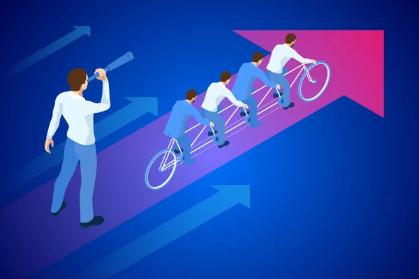 Isometric Goals Setting for Business Team. Creative Idea Teamwork Banner Concept. Business Team Riding Tandem Bicycle. Team success. Business concept illustration. — Stock Vector