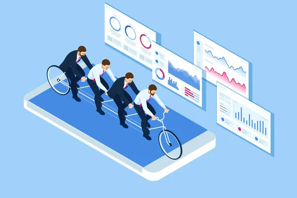 Isometric Goals Setting for Business Team. Concept de bannière de travail d'équipe d'idée créative. Équipe d'affaires à vélo tandem. Succès d'équipe. Illustration de concept d'entreprise . — Image vectorielle