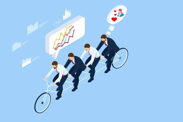 Objetivos isométricos que se establecen para el equipo de negocios. Idea Creativa Trabajo en Equipo Concepto de Banner. Business Team Riding Tandem Bicycle (en inglés). Éxito del equipo. Ilustración del concepto empresarial . — Vector de stock