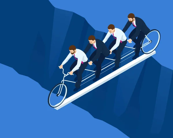 Isometric Goals Setting for Business Team. Creative Idea Teamwork Banner Concept. Business Team Riding Tandem Bicycle. Team success. Business concept illustration. — Stock Vector