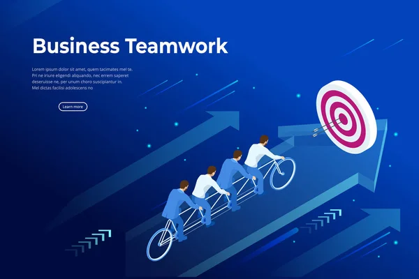 Isometric Goals Setting for Business Team. Creative Idea Teamwork Banner Concept. Business Team Riding Tandem Bicycle. Team success. Business concept illustration. — Stock Vector