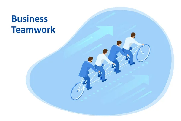 Isometric Goals Setting for Business Team. Creative Idea Teamwork Banner Concept. Business Team Riding Tandem Bicycle. Team success. Business concept illustration. — Stock Vector