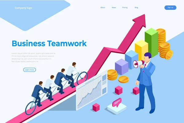 Izometrikus célok az üzleti csapatnak. Creative Idea Teamwork Banner koncepció. Üzleti csapat lovaglás Tandem Bicikli. Csapatsiker. Üzleti koncepció illusztráció. — Stock Vector