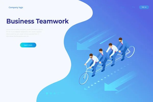 Isometric Goals Setting for Business Team. Creative Idea Teamwork Banner Concept. Obchodní tým jezdí na kole Tandem. Týmový úspěch. Obrázek podnikatelského konceptu. — Stockový vektor