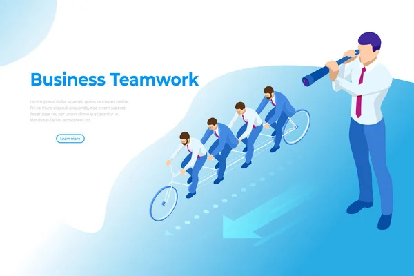 Isometrische doelstellingen ingesteld voor Business Team. Creatief idee Teamwork Banner Concept. Business Team rijden Tandem Fiets. Teamsucces. Bedrijfsconcept illustratie. — Stockvector