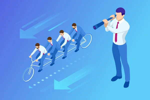 Objetivos isométricos que se establecen para el equipo de negocios. Idea Creativa Trabajo en Equipo Concepto de Banner. Business Team Riding Tandem Bicycle (en inglés). Éxito del equipo. Ilustración del concepto empresarial . — Archivo Imágenes Vectoriales