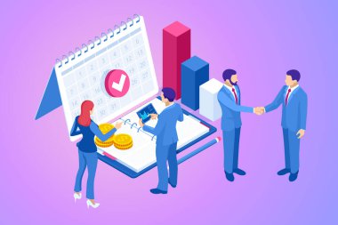 Isometric iş kavramları. İş adamları ve iş kadınları farklı durumdalar. Çevrimiçi işbirliği, anlaşma, başarı, sgoal başarı, projelerin finansmanı, çevrimiçi danışma, ortaklık.