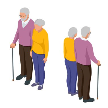 Isometric son sınıf çifti. Yaşlılar beyazda izole edilmiş. Yaşlı kadın ve erkek. Yaşlanmış insanlar. Büyükanne ve büyükbaba