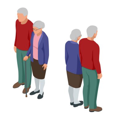 Isometric son sınıf çifti. Yaşlılar beyazda izole edilmiş. Yaşlı kadın ve erkek. Yaşlanmış insanlar. Büyükanne ve büyükbaba
