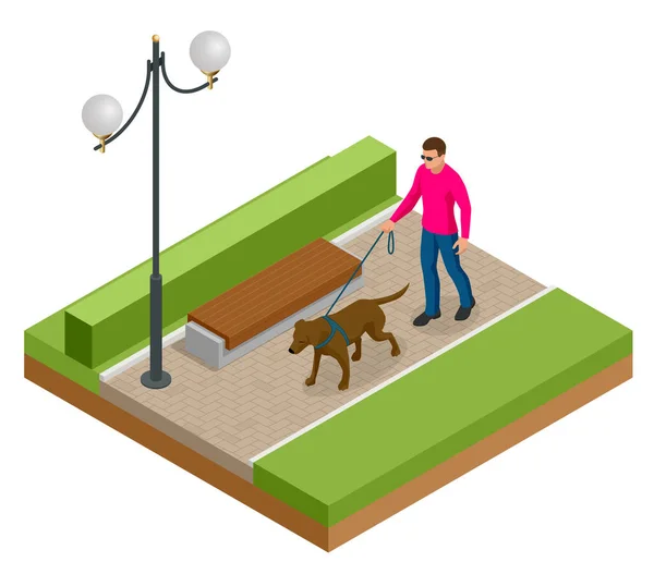 Isometrischer Mann mit Hund an der Leine. Mann und Hund spazieren im Park. — Stockvektor