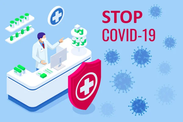 Pandemia chińskiego koronawirusa COVID-19. Epidemia koronawirusów, grypa koronawirusowa jako niebezpieczne przypadki szczepu grypy jako zagrożenie pandemiczne dla zdrowia medycznego, wirus atakuje drogi oddechowe — Wektor stockowy