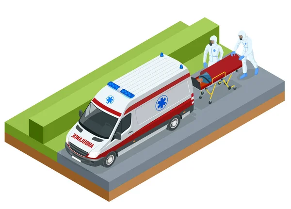 Ισομετρική ασθενοφόρο έκτακτης ανάγκης διασώστης μεταφέρουν ασθενή σε Stretcher. Ιατρική υπηρεσία έκτακτης ανάγκης. — Διανυσματικό Αρχείο