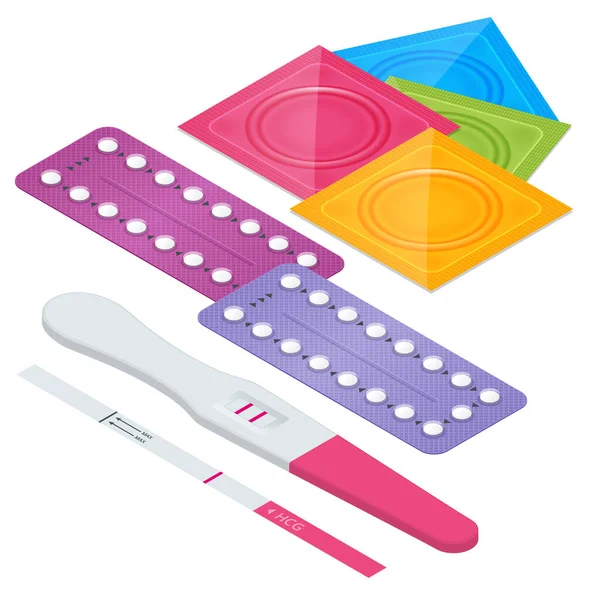 Pílula contraceptiva oral isométrica, preservativos e teste de gravidez. Sexo seguro e contracepção. Conjunto de métodos contracetivos . — Vetor de Stock