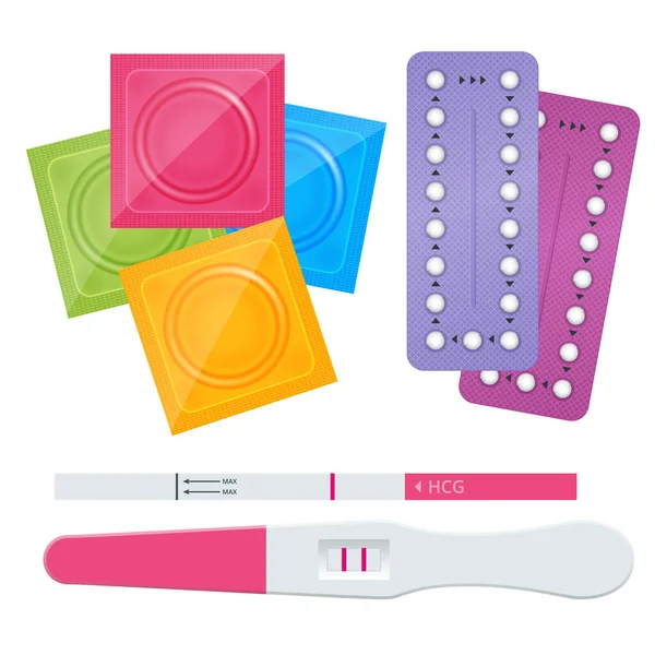 Pílula contraceptiva oral isométrica, preservativos e teste de gravidez. Sexo seguro e contracepção. Conjunto de métodos contracetivos . — Vetor de Stock