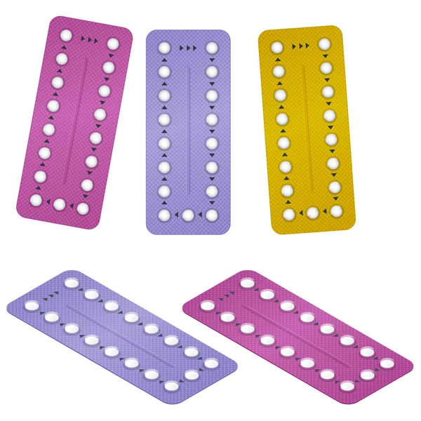 Pilule contraceptive, pilules hormonales, pilules contraceptives. Femmes contraception orale. Planification de grossesse. Bande de 28 pilules contraceptives . — Image vectorielle