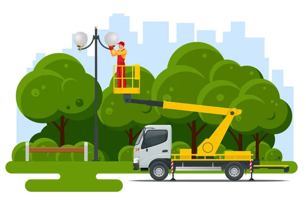 Yellow Engine Powered Scissor Lift. Worker with the help of an automobile tower change repairing a street pole. — 스톡 벡터