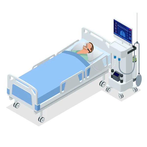 Isometric Ventilator Medical Machine designed to provide mechanical ventilation by moving breathable air into and out of the lungs and for anesthesia of the patient. — Stock Vector