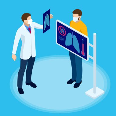 Isome doktoru hastanın akciğerlerinin röntgenini izliyor. Zatürree testi, radyografi.