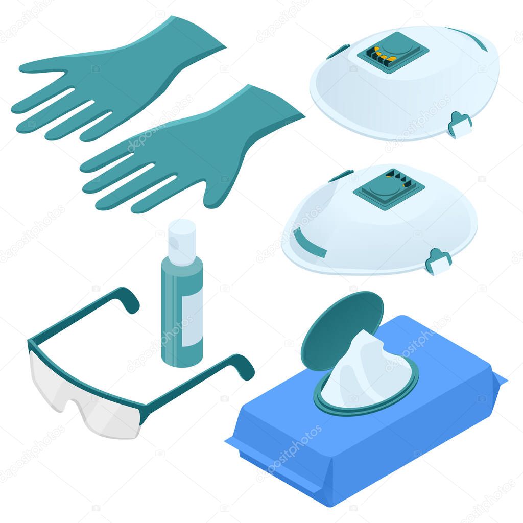 Isometric set of disposable protection against coronavirus, gloves, medical mask, hand sanitizer gel, alcohol, paper towels. The coronavirus protection trend is COVID-19.