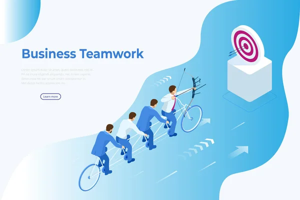 Isometric Goals Setting for Business Team. Creative Idea Teamwork Banner Concept. Business Team Riding Tandem Bicycle. Team success. Business concept illustration. — Stock Vector