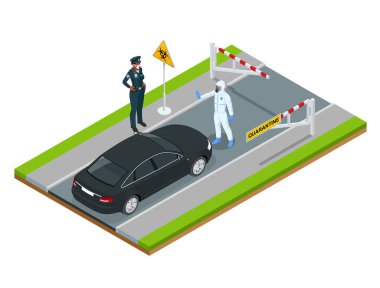 Şehrin Isome sokağı karantina altında. Coronavirus, evde kalıp çalışıyor. Kapalı sınır polisi yolu kapatıyor Salgın Önleme.