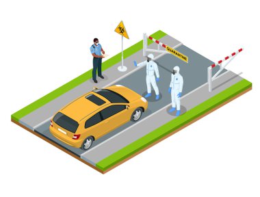 Şehrin Isome sokağı karantina altında. Coronavirus, evde kalıp çalışıyor. Kapalı sınır polisi yolu kapatıyor Salgın Önleme.