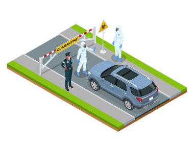 Şehrin Isome sokağı karantina altında. Coronavirus, evde kalıp çalışıyor. Kapalı sınır polisi yolu kapatıyor Salgın Önleme.