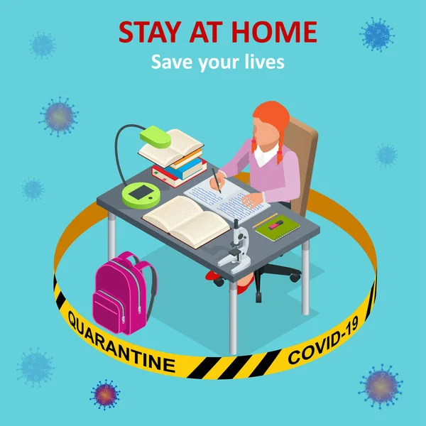 Trabajo isométrico desde casa. Virus Corona - quedarse y trabajar en casa. trabajando desde casa durante Covid-19. Escudo de autoaislamiento del coronavirus — Archivo Imágenes Vectoriales
