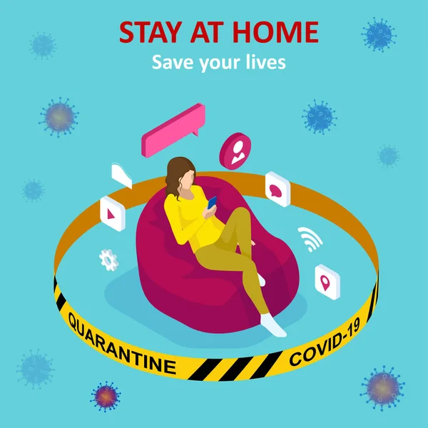 Isometrisch werk van thuis. Corona virus - thuis blijven en werken. werken vanuit huis tijdens Covid-19. Zelfisolatieschild tegen het coronavirus — Stockvector