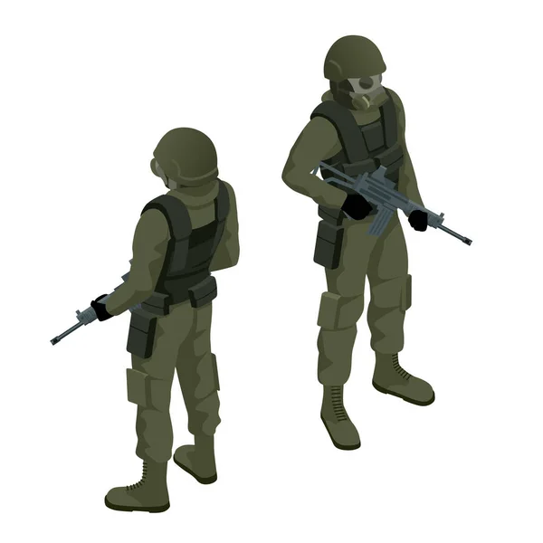 Isometric a soldier in a gas mask and with a gun isolated on white. Protection against chemical or bacterial contamination. Quarantine. — Stock Vector