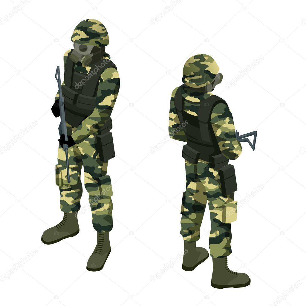Isometric a soldier in a gas mask and with a gun isolated on white. Protection against chemical or bacterial contamination. Quarantine.