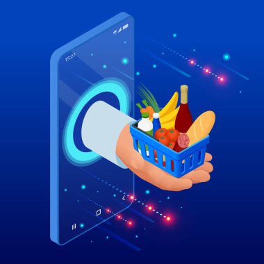 İnternetten yemek sipariş et. Teslimat servisi. E-ticaret konsepti fast food siparişi veriyor. Ekranda yemek ve düğmesi olan akıllı telefonu tut. Tahta kutuda taze organik sebze teslimatı..