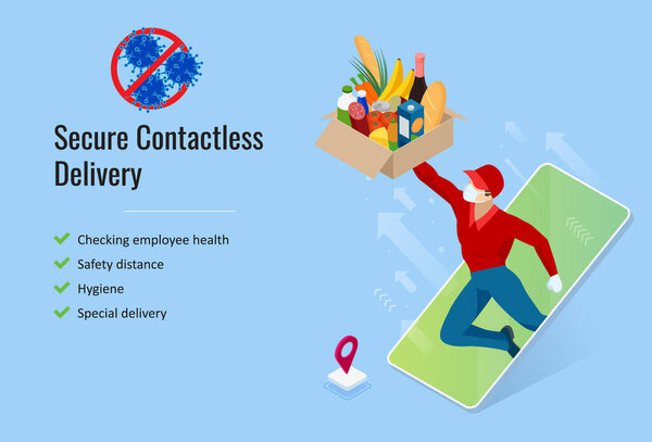 Изометрический курьер или курьер в медицинской маске и перчатках доставлял еду клиенту дома. Онлайн-покупки во время карантина. Бесконтактные или к доставке двери
.