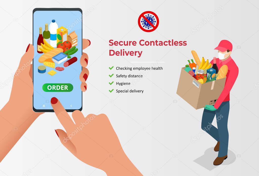 Isometric Delivery man or courier in a medical mask and gloves delivered delivering food to customer at home. Online purchases during a quarantine. Contactless or to the door delivery.