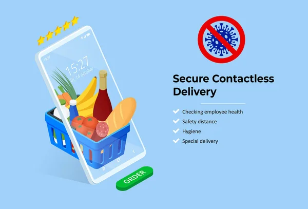 Isometric Delivery man or courier in a medical mask and gloves delivering food to customer at home. Online purchases during a quarantine. Contactless or to the door delivery. — Stock Vector