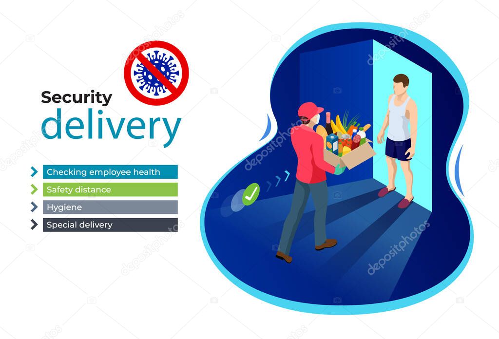 Isometric Delivery man or courier in a medical mask and gloves delivering food to customer at home. Online purchases during a quarantine. Contactless or to the door delivery.