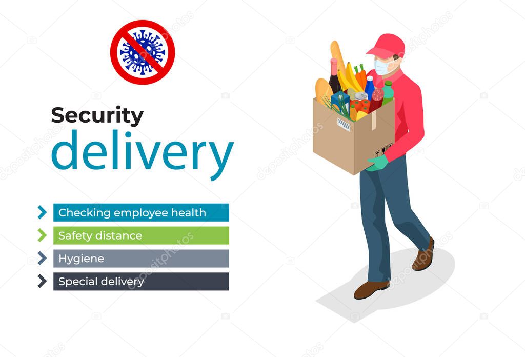 Isometric delivery man or courier in a medical mask and gloves delivering food to customer at home. Online purchases during a quarantine. Contactless or to the door delivery.