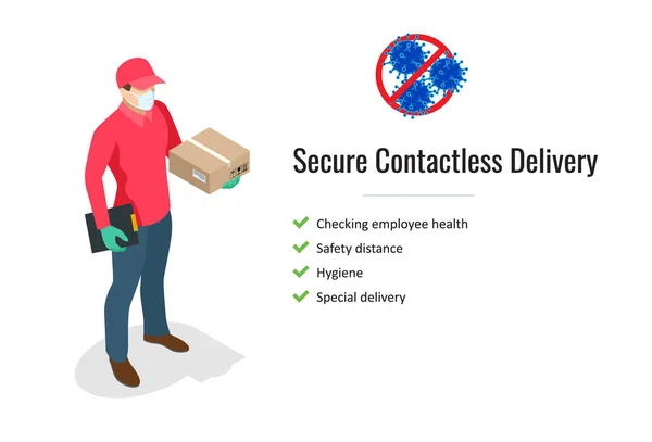 戴防护口罩的等量送货人或信使手里拿着一个包裹。免费提供药物。COVID-19.城市里的隔离。Coronavirus流行病. — 图库矢量图片