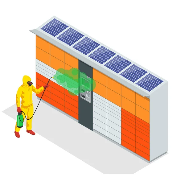 El hombre isométrico con un traje blanco desinfecta el armario de entrega de paquetes con una pistola pulverizadora. pandemia de virus COVID-19. Prevención contra la enfermedad por Coronavirus COVID-19 . — Archivo Imágenes Vectoriales