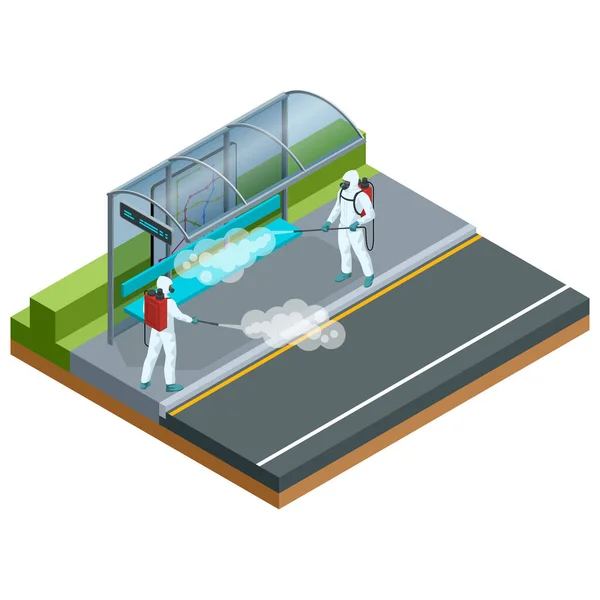 Isometrisk man i vit kostym desinficerar busshållplatsen med en sprutpistol. Viruspandemi COVID-19. Förebyggande av Coronavirussjukdom COVID-19. — Stock vektor