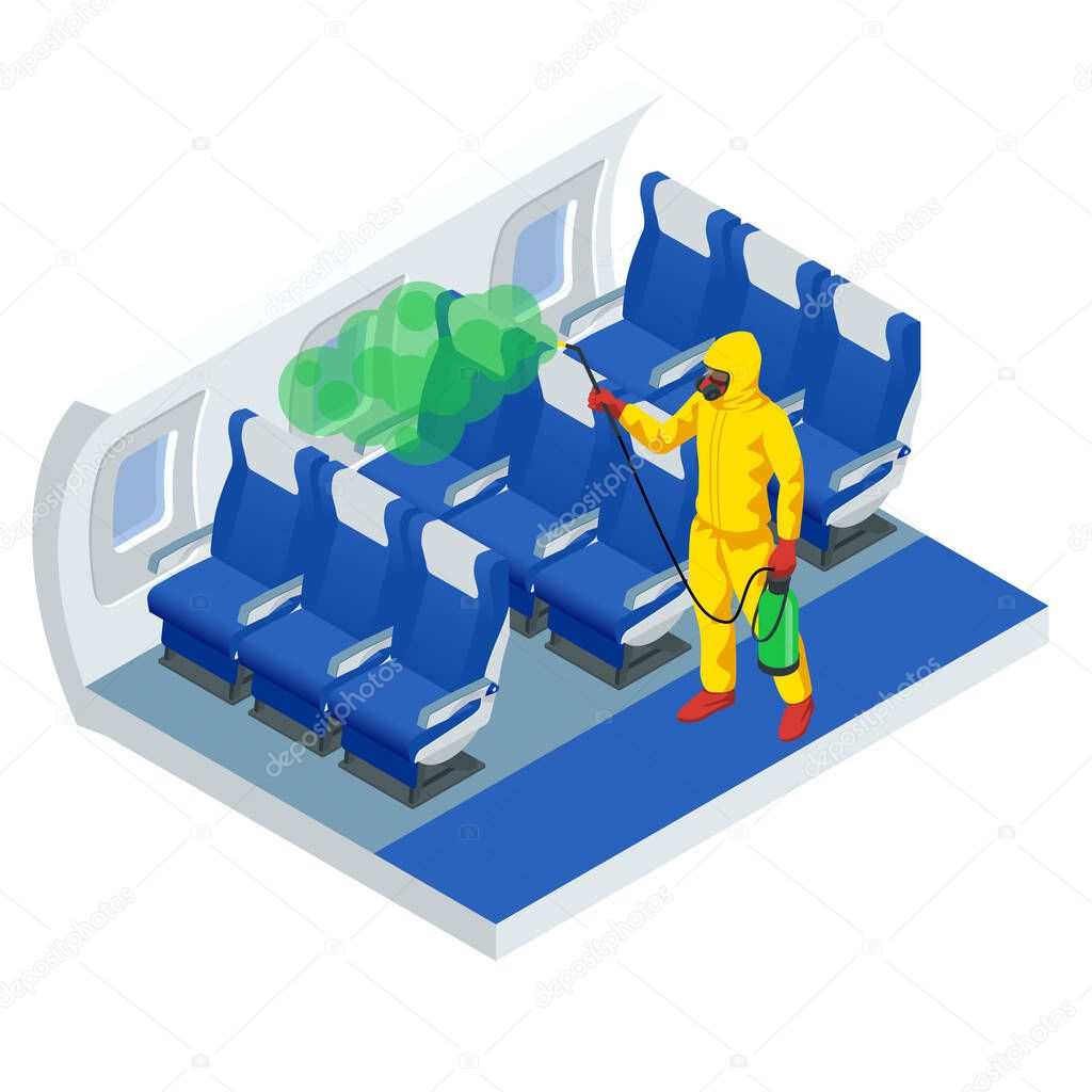 Isometric man in a white suit disinfects aircraft cabin with a spray gun. Virus pandemic COVID-19. Prevention against Coronavirus disease COVID-19.